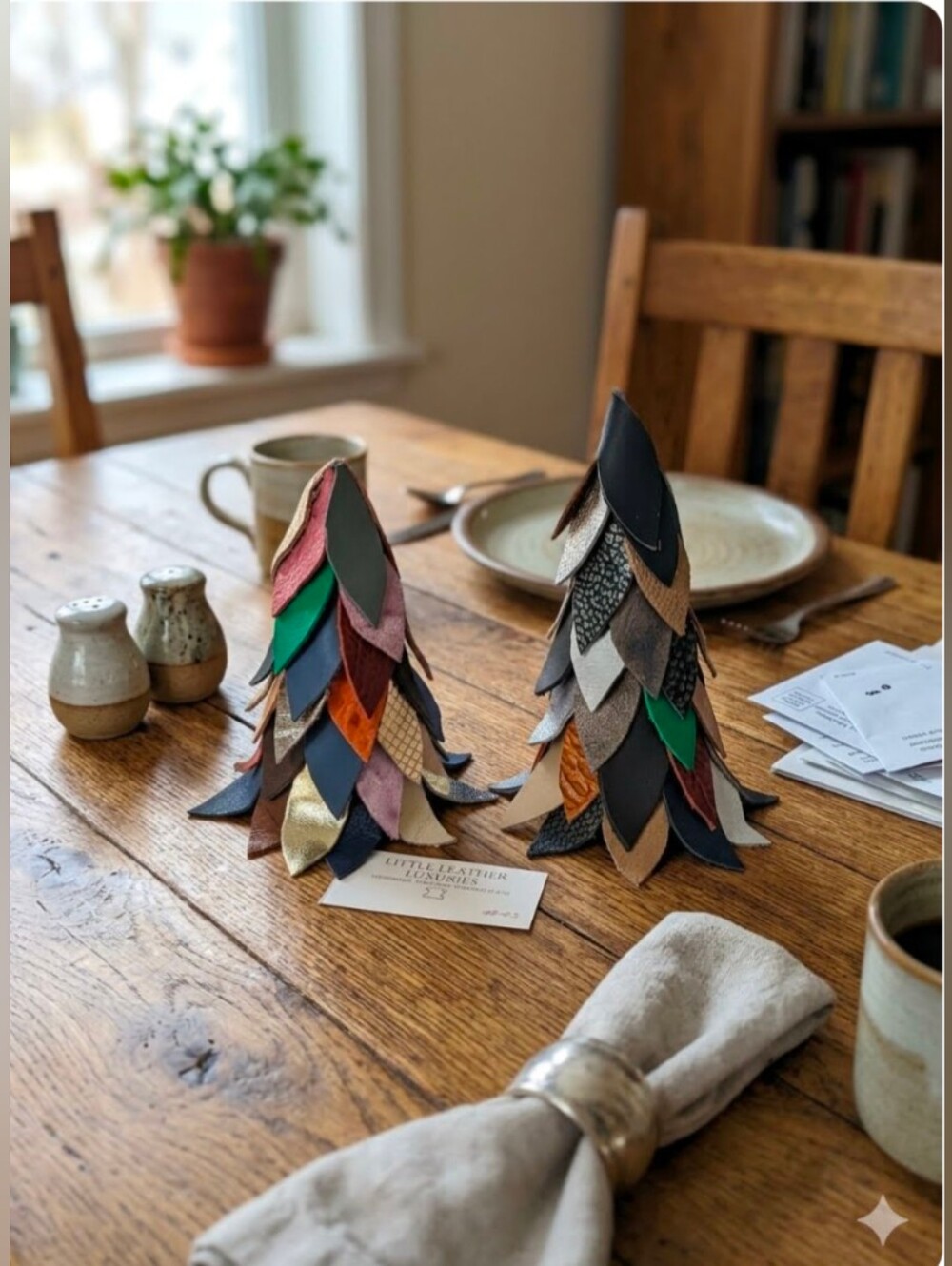 #03 Handmade Genuine Leather Set of 2 Mini Pine Tree Multi Color #03
